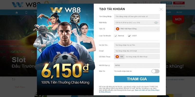 Điền thông tin đăng ký tài khoản W88